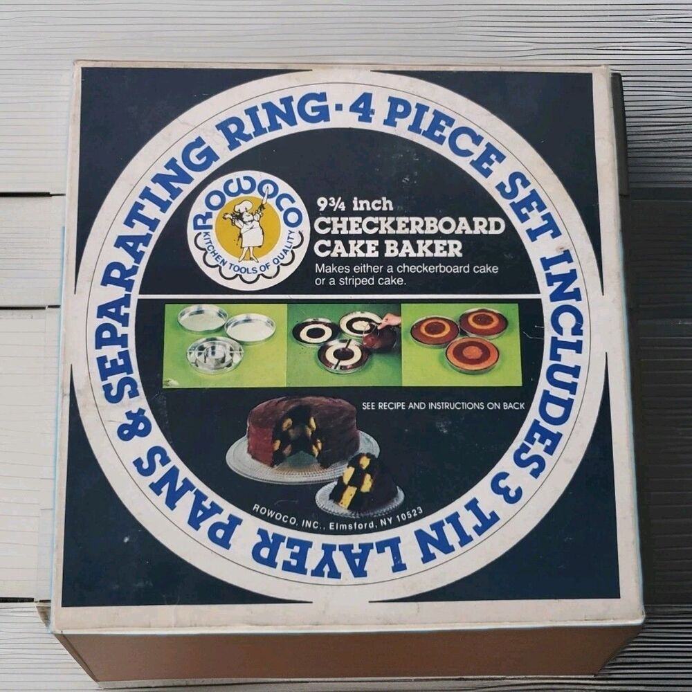 Vintage Rowoco 9 3/4 Inch Checkerboard  Cake Baker 4 Piece Tin Baking Set